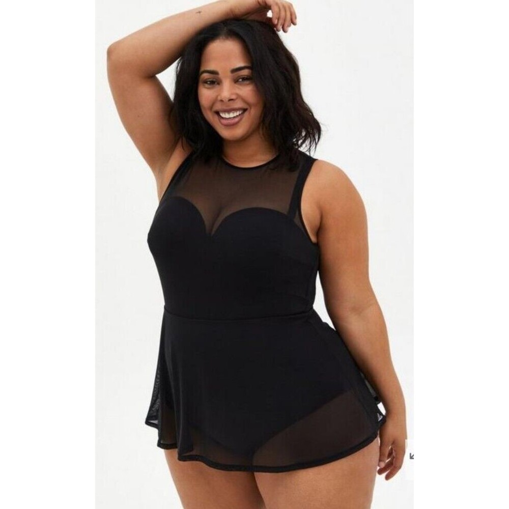 0 D/DD TORRID Women's Plus Black Swim Dress Underwire Short Mesh Overlay